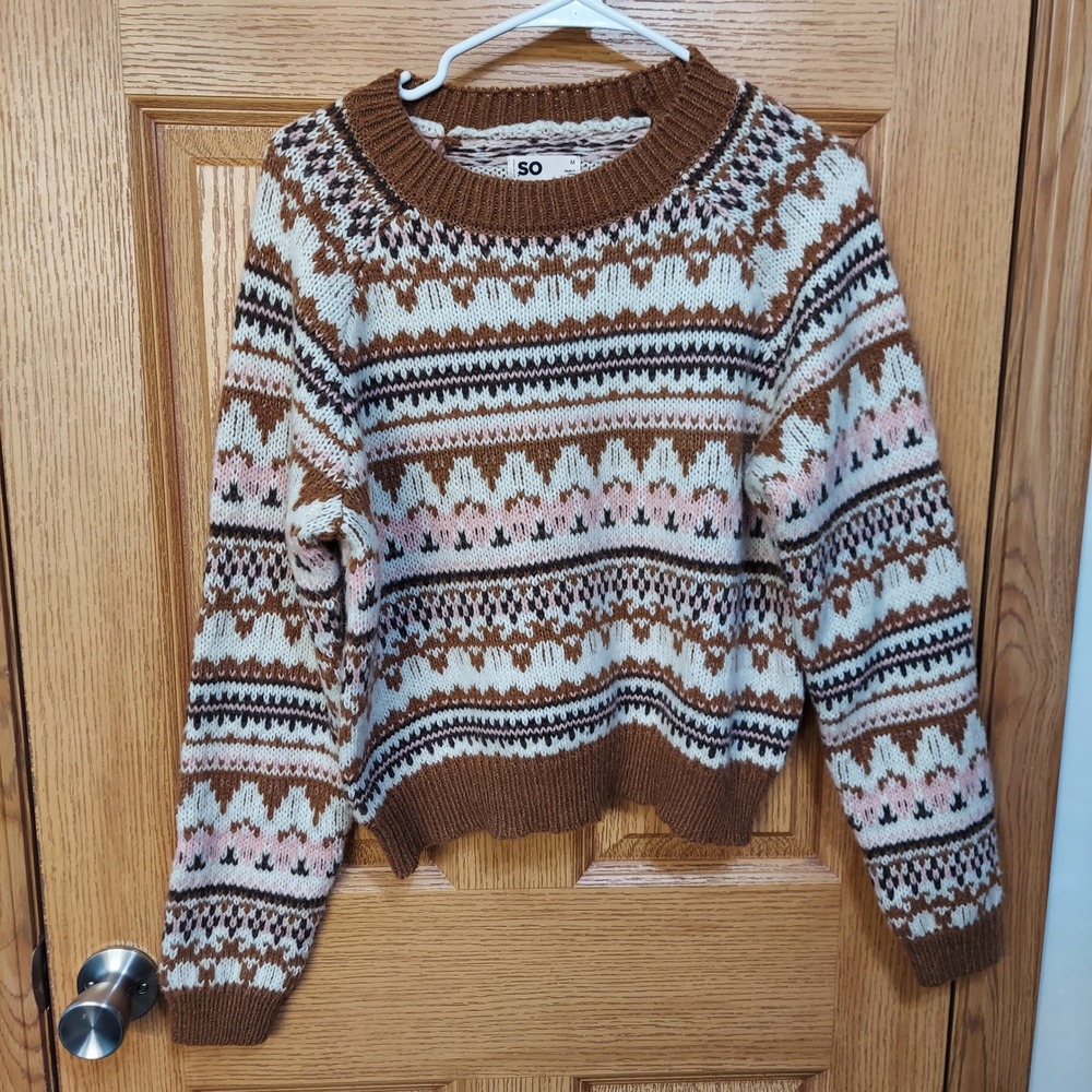 SO Goods For Life Womens Fair Isle Knit Sweater Brown Pink Cream JG5HS002RP M